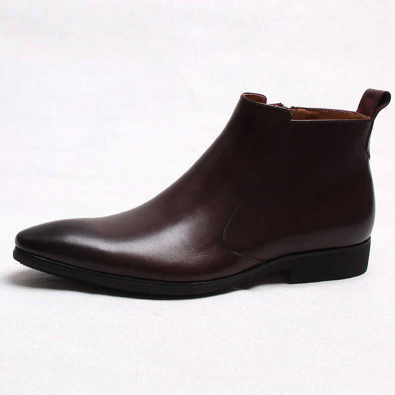 Men's dark brown leather ankle boots with thick sole and pull tab