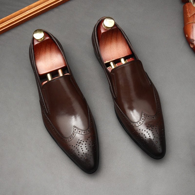 Dark Brown Pointed Toe Brogue Loafers for Executive Business Professionals
