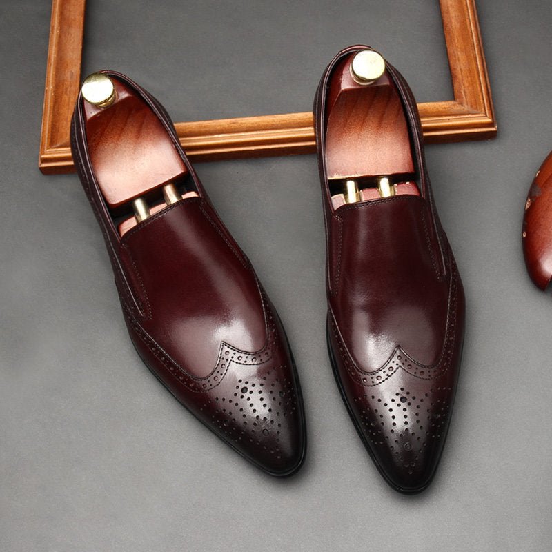Sophisticated Burgundy Pointed Toe Brogue Leather Loafers for Men - Wedding Attire