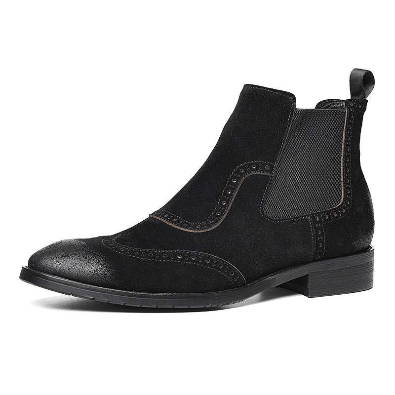 Black Men's Genuine Leather Slip-On Chelsea Ankle Dress Boots